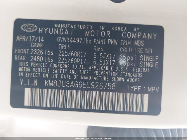 2014 Hyundai Tucson Se მანქანა იყიდება აუქციონზე, vin: KM8JU3AG6EU926758, აუქციონის ნომერი: 44847279
