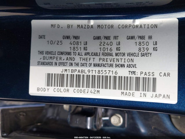 Aukcja sprzedaży 2026 Mazda Mazda3 2.5 S Select Sport, vin: JM1BPABL9T1855716, numer aukcji: 44847304