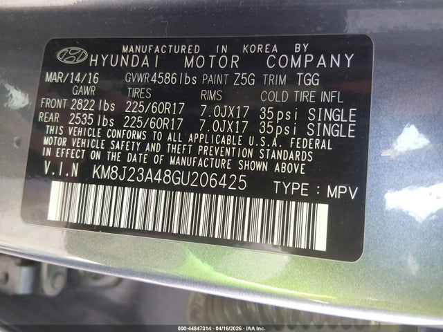 44847314 :رقم المزاد ، KM8J23A48GU206425 vin ، 2016 Hyundai Tucson Se مزاد بيع