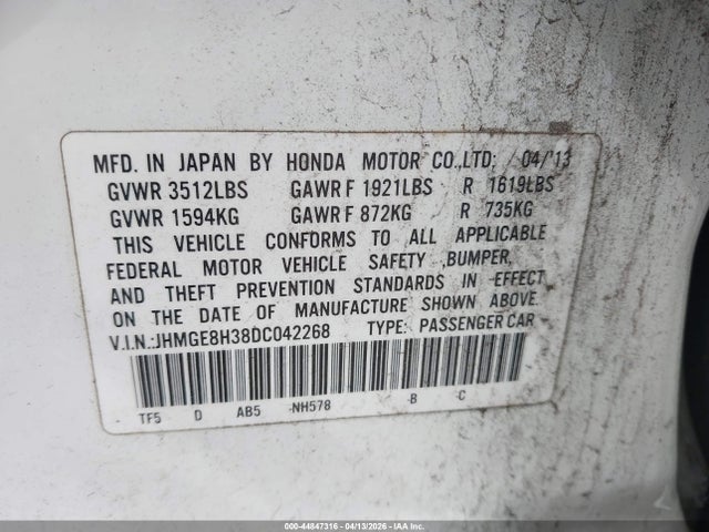 Auction sale of the 2013 Honda Fit, vin: JHMGE8H38DC042268, lot number: 44847316