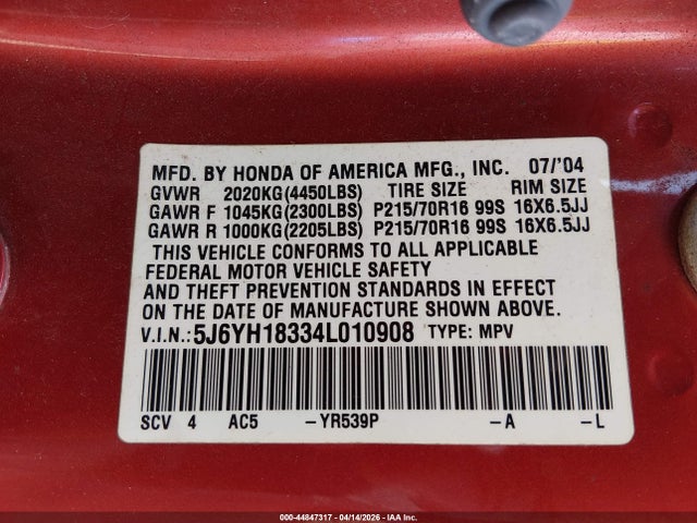 2004 Honda Element Lx მანქანა იყიდება აუქციონზე, vin: 5J6YH18334L010908, აუქციონის ნომერი: 44847317