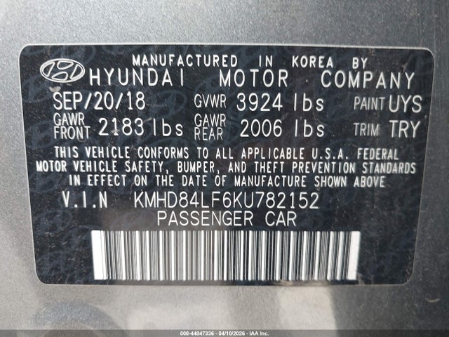 KMHD84LF6KU782152 Hyundai ELANTRA SEL