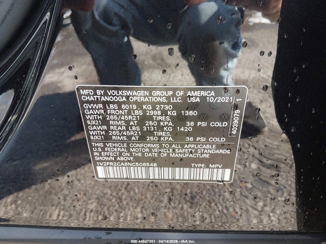 44847351 :رقم المزاد ، 1V2FR2CA6NC506548 vin ، 2022 Volkswagen Atlas 3.6l V6 Sel Premium R-line مزاد بيع