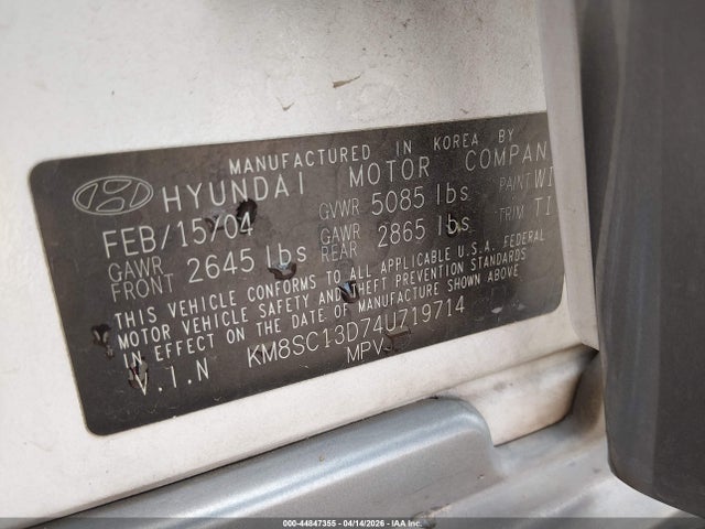 2004 Hyundai Santa Fe Gls მანქანა იყიდება აუქციონზე, vin: KM8SC13D74U719714, აუქციონის ნომერი: 44847355
