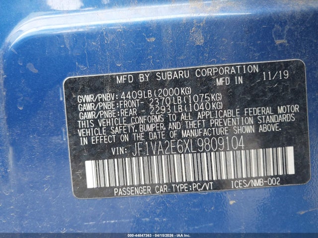 Aukcja sprzedaży 2020 Subaru Wrx Sti, vin: JF1VA2E6XL9809104, numer aukcji: 44847363
