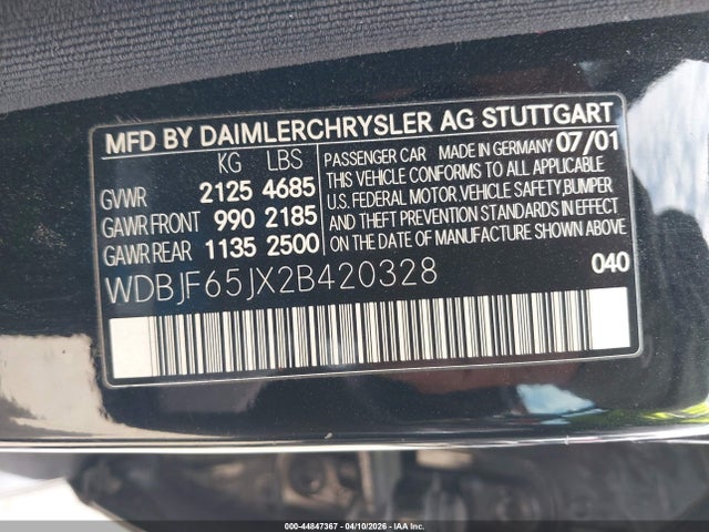 2002 Mercedes-benz E 320 Special Edition მანქანა იყიდება აუქციონზე, vin: WDBJF65JX2B420328, აუქციონის ნომერი: 44847367