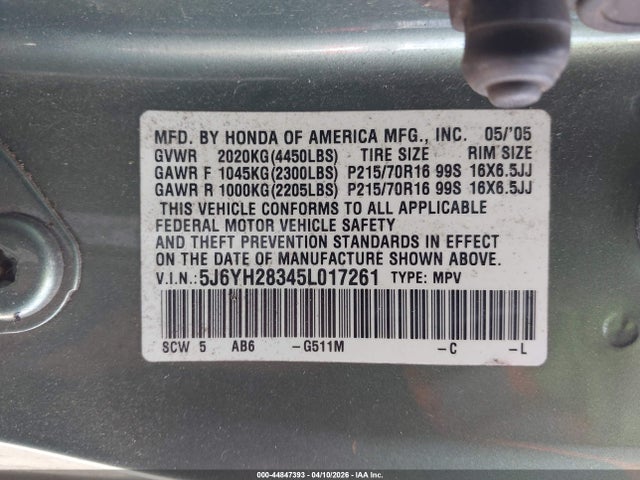 Продаж на аукціоні авто 2005 Honda Element Lx, vin: 5J6YH28345L017261, номер лоту: 44847393