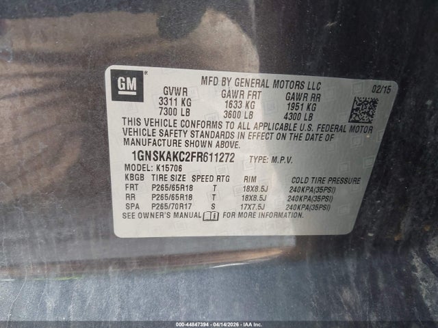 Aukcja sprzedaży 2015 Chevrolet Tahoe Ls, vin: 1GNSKAKC2FR611272, numer aukcji: 44847394