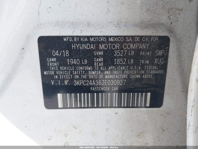 Aukcja sprzedaży 2018 Hyundai Accent Sel, vin: 3KPC24A36JE030927, numer aukcji: 44847400
