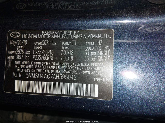 2010 Hyundai Santa Fe Se მანქანა იყიდება აუქციონზე, vin: 5NMSH4AG7AH395042, აუქციონის ნომერი: 44847414