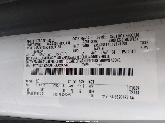 Aukcja sprzedaży 2017 Ford Transit-150, vin: 1FTYE1ZM3HKB29740, numer aukcji: 44847416