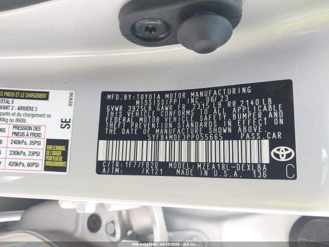 2023 Toyota Corolla Le მანქანა იყიდება აუქციონზე, vin: 5YFB4MDE3PP055665, აუქციონის ნომერი: 44847460