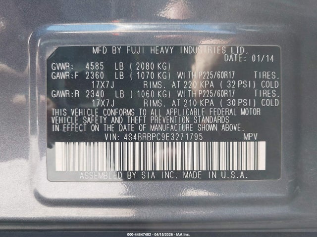 Продажа на аукционе авто 2014 Subaru Outback 2.5i Limited, vin: 4S4BRBPC9E3271795, номер лота: 44847482