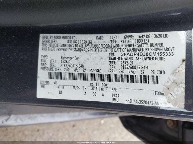Продаж на аукціоні авто 2012 Ford Fiesta Se, vin: 3FADP4BJ8CM155333, номер лоту: 44847497