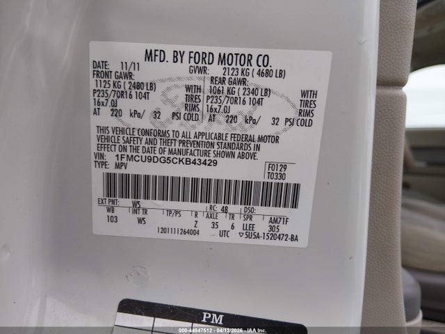 Aukcja sprzedaży 2012 Ford Escape Xlt, vin: 1FMCU9DG5CKB43429, numer aukcji: 44847512