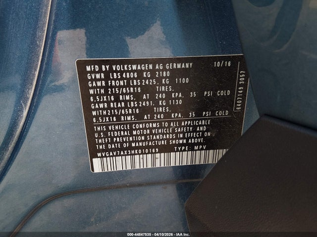 44847535 :رقم المزاد ، WVGAV7AX3HK010169 vin ، 2017 Volkswagen Tiguan 2.0t/2.0t S مزاد بيع