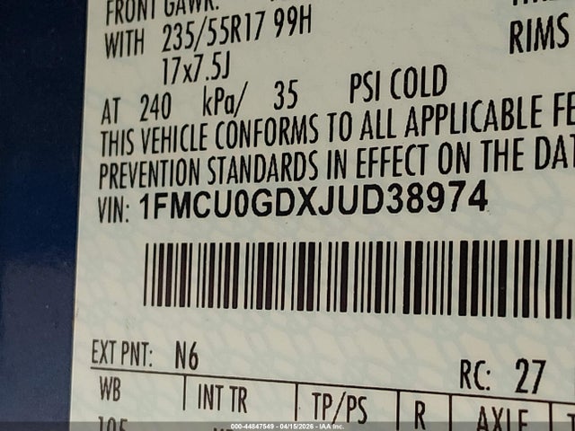 1FMCU0GDXJUD38974 Ford ESCAPE SE