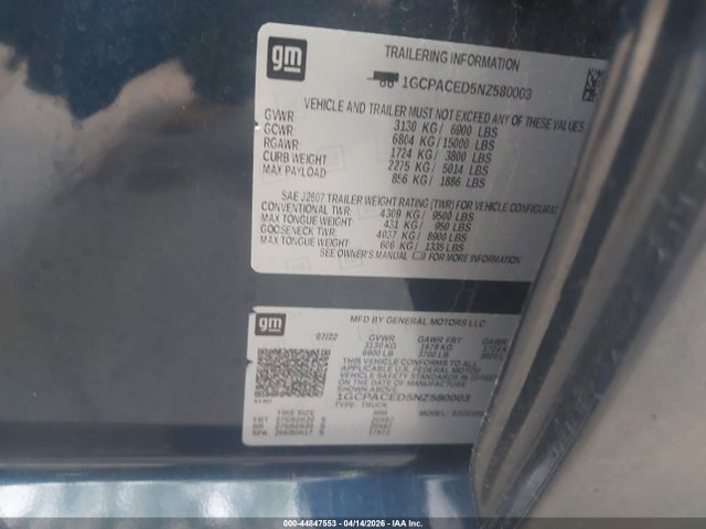 1GCPACED5NZ580003 Chevrolet Silverado 1500 2wd Short Bed Lt