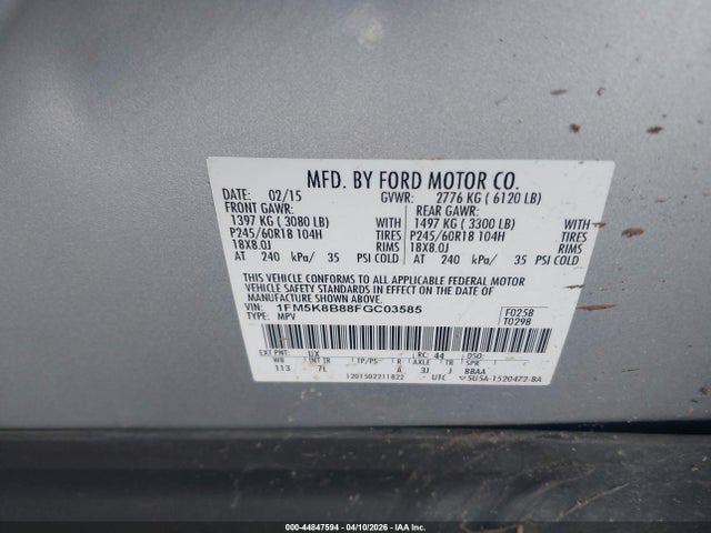 Ford Explorer 2015 1FM5K8B88FGC03585 Image 9