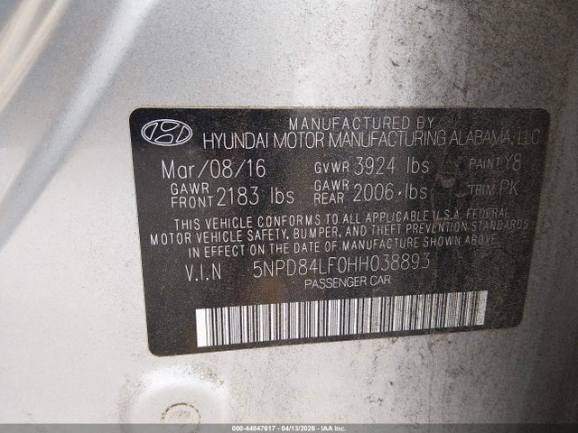 2017 Hyundai Elantra Limited მანქანა იყიდება აუქციონზე, vin: 5NPD84LF0HH038893, აუქციონის ნომერი: 44847617