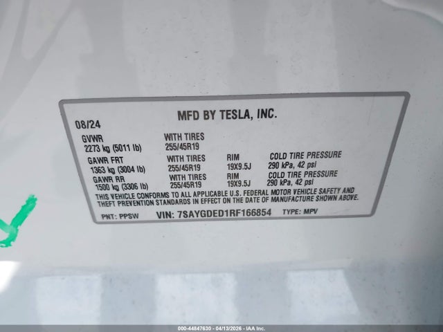 Aukcja sprzedaży 2024 Tesla Model Y Long Range Single Motor Rear-wheel Drive/rwd, vin: 7SAYGDED1RF166854, numer aukcji: 44847630
