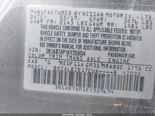 Aukcja sprzedaży 2019 Nissan Sentra S, vin: 3N1AB7AP1KY359694, numer aukcji: 44847638