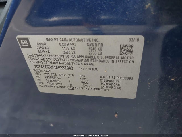 Aukcja sprzedaży 2010 Gmc Terrain Sle-2, vin: 2CTALDEW4A6332049, numer aukcji: 44847673