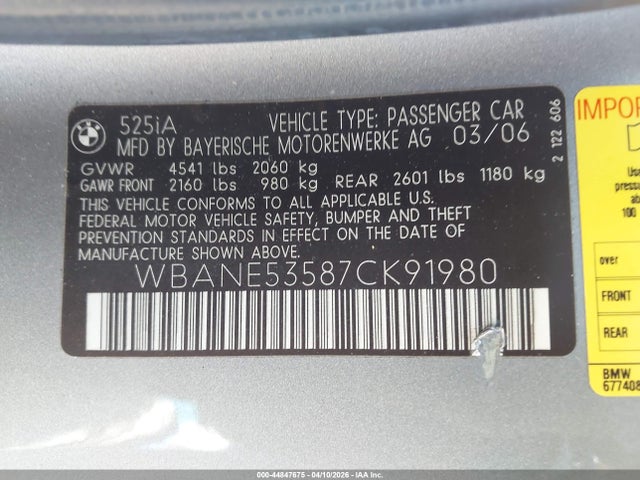 44847675 :رقم المزاد ، WBANE53587CK91980 vin ، 2007 Bmw 525i مزاد بيع