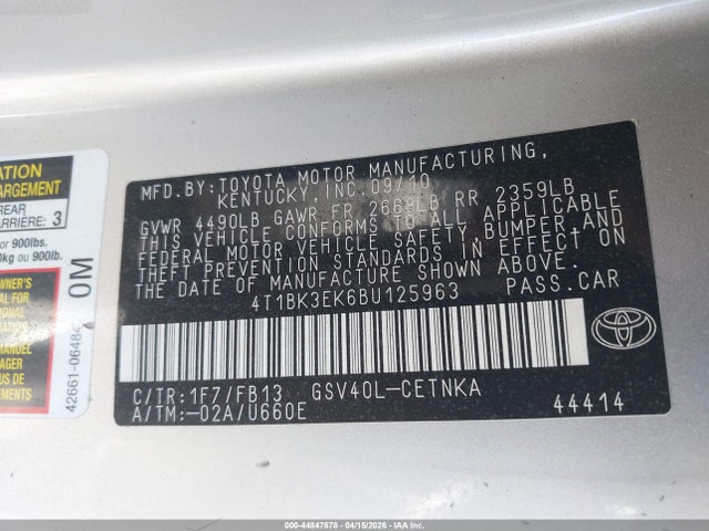 Aukcja sprzedaży 2011 Toyota Camry Le V6, vin: 4T1BK3EK6BU125963, numer aukcji: 44847678