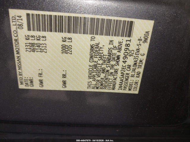 Aukcja sprzedaży 2014 Nissan Maxima 3.5 S/3.5 Sv, vin: 1N4AA5AP2EC490981, numer aukcji: 44847679