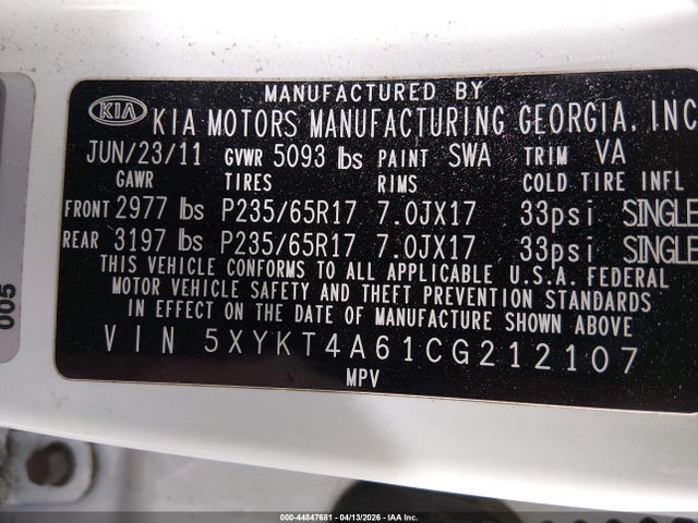 2012 Kia Sorento Lx მანქანა იყიდება აუქციონზე, vin: 5XYKT4A61CG212107, აუქციონის ნომერი: 44847681
