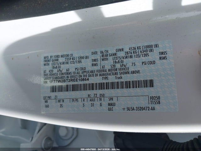 2024 Ford F-250 Xlt მანქანა იყიდება აუქციონზე, vin: 1FT7W2BT2REE10864, აუქციონის ნომერი: 44847688