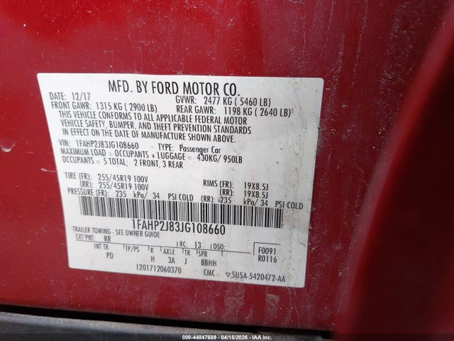 44847689 :رقم المزاد ، 1FAHP2J83JG108660 vin ، 2018 Ford Taurus Limited مزاد بيع