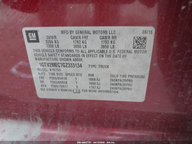 44847701 :رقم المزاد ، 1GTV2MEC7GZ333134 vin ، 2016 Gmc Sierra 1500 Sle مزاد بيع