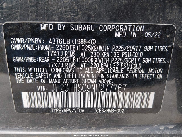Aukcja sprzedaży 2022 Subaru Crosstrek Sport, vin: JF2GTHSC9NH277767, numer aukcji: 44847705