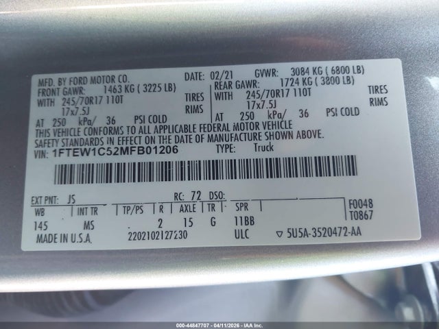 Aukcja sprzedaży 2021 Ford F-150 Xlt, vin: 1FTEW1C52MFB01206, numer aukcji: 44847707