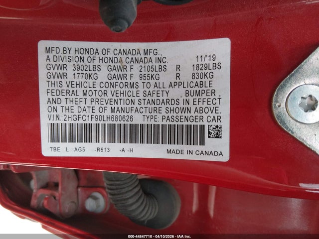 2020 Honda Civic Touring მანქანა იყიდება აუქციონზე, vin: 2HGFC1F90LH680626, აუქციონის ნომერი: 44847710