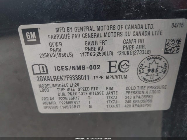 Продаж на аукціоні авто 2015 Gmc Terrain Sle-2, vin: 2GKALREK7F6338011, номер лоту: 44847723