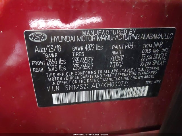 2019 Hyundai Santa Fe Se მანქანა იყიდება აუქციონზე, vin: 5NMS2CAD7KH030735, აუქციონის ნომერი: 44847732
