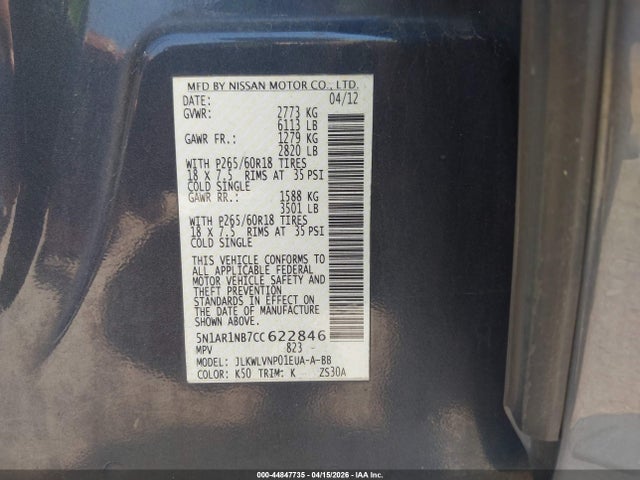 Aukcja sprzedaży 2012 Nissan Pathfinder Le, vin: 5N1AR1NB7CC622846, numer aukcji: 44847735