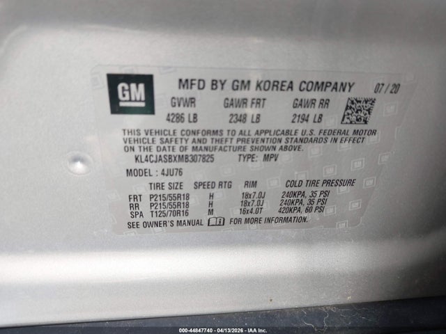 2021 Buick Encore Fwd Preferred მანქანა იყიდება აუქციონზე, vin: KL4CJASBXMB307825, აუქციონის ნომერი: 44847740