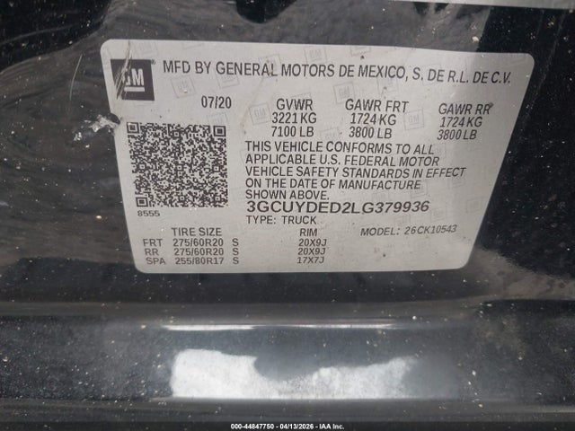 Продаж на аукціоні авто 2020 Chevrolet Silverado 1500 4wd  Short Bed Lt, vin: 3GCUYDED2LG379936, номер лоту: 44847750