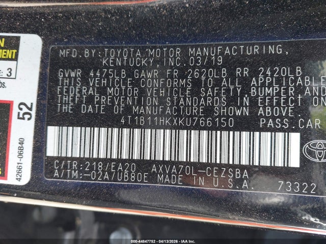 Aukcja sprzedaży 2019 Toyota Camry Se, vin: 4T1B11HKXKU766150, numer aukcji: 44847752
