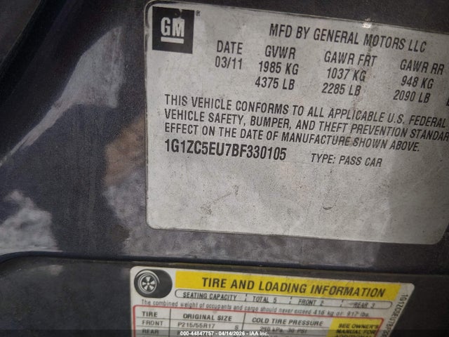 44847757 :رقم المزاد ، 1G1ZC5EU7BF330105 vin ، 2011 Chevrolet Malibu 1lt مزاد بيع