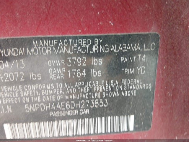44847771 :رقم المزاد ، 5NPDH4AE6DH273853 vin ، 2013 Hyundai Elantra Limited مزاد بيع