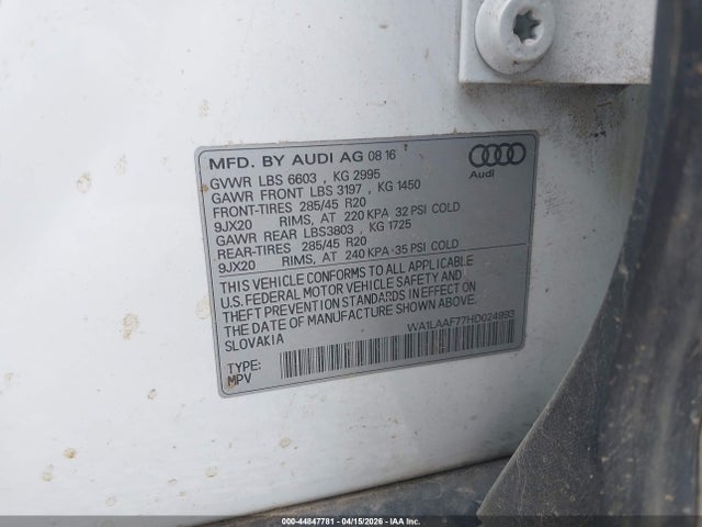 44847781 :رقم المزاد ، WA1LAAF77HD024993 vin ، 2017 Audi Q7 3.0t Premium مزاد بيع