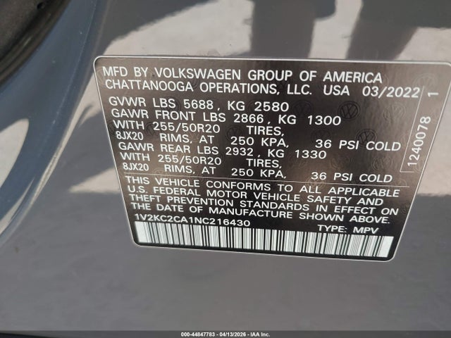 Продаж на аукціоні авто 2022 Volkswagen Atlas Cross Sport 2.0t Se W/technology, vin: 1V2KC2CA1NC216430, номер лоту: 44847783