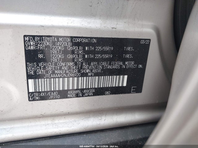 Aukcja sprzedaży 2022 Toyota Venza Limited, vin: JTEAAAAH2NJ096920, numer aukcji: 44847784