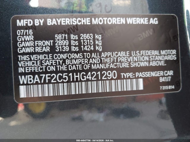 Продажа на аукционе авто 2017 Bmw Alpina B7 Xdrive, vin: WBA7F2C51HG421290, номер лота: 44847796