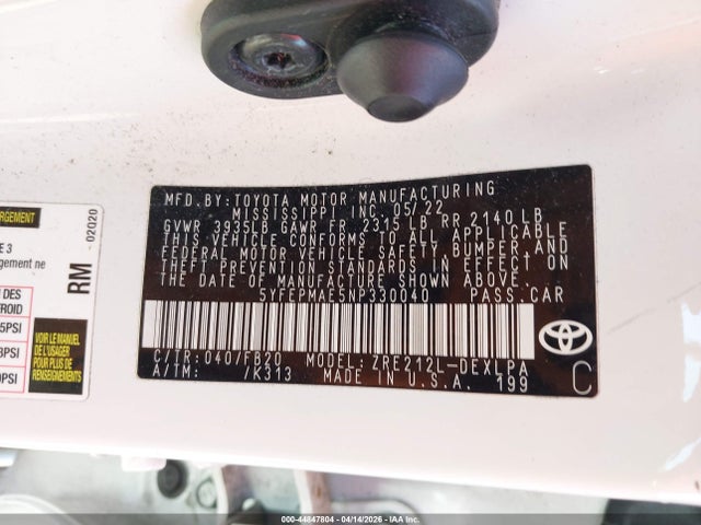 Продажа на аукционе авто 2022 Toyota Corolla Le, vin: 5YFEPMAE5NP330040, номер лота: 44847804
